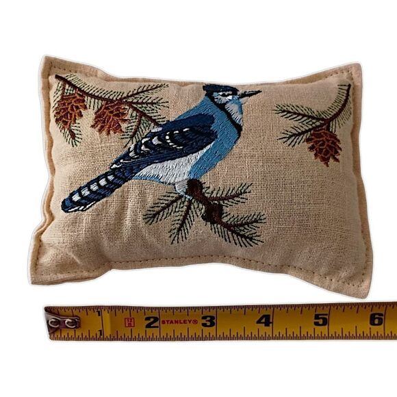 Embroidered Blue Jay MINI Pillow Sachet Farmhouse Cottage Bird Country Cabin - Picture 2 of 15